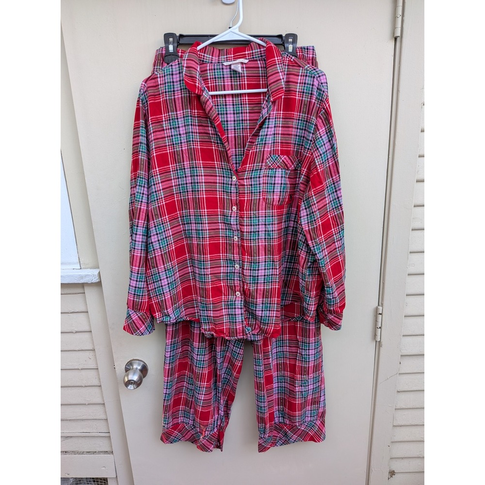 Victoria's Secret Tartan Plaid Pajama Set Top/Bottom Long Sleeve Size Large‎